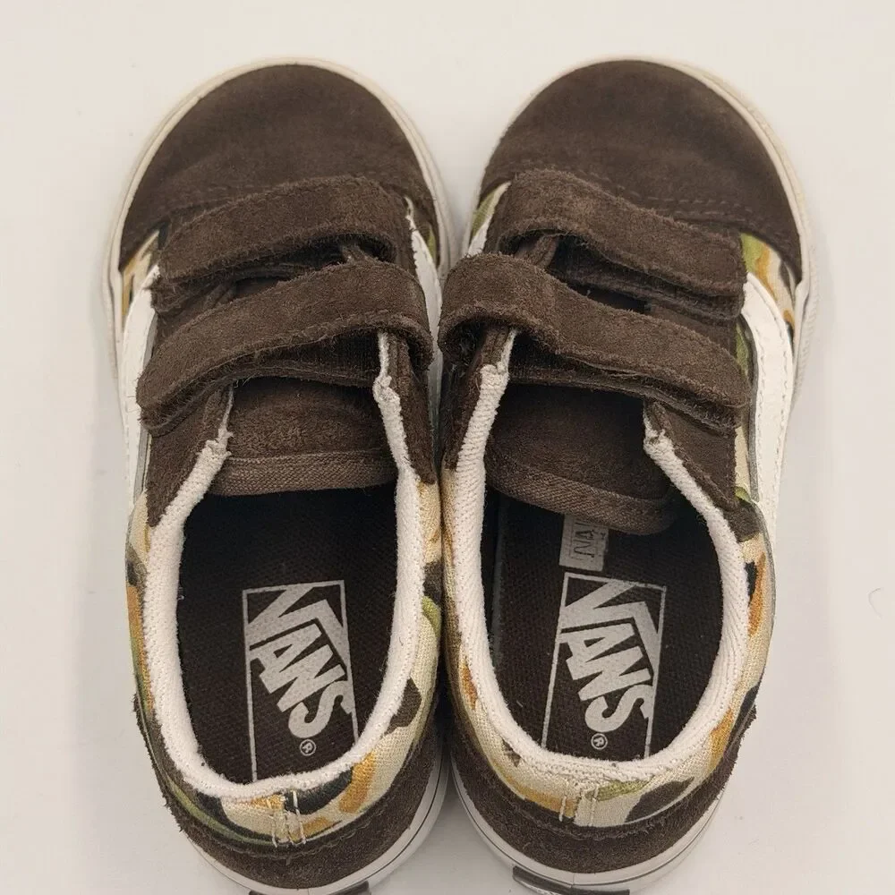 Vans Old Skool V Toddler 9 Painted Camo Brown Suede Hook & Loop Sneakers Shoes